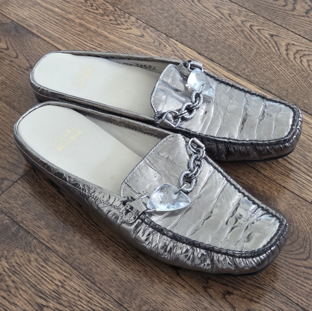 Stuart Weitzman silver croc-embossed metallic leather mules 6.5 Made In Spain